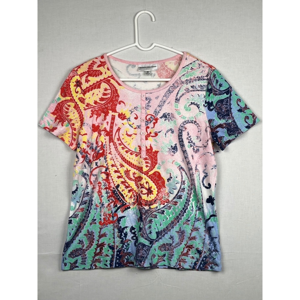 Rebecca Malone Women Henley‎ Top Size M Multicolor Paisley Short Sleeve Cotton